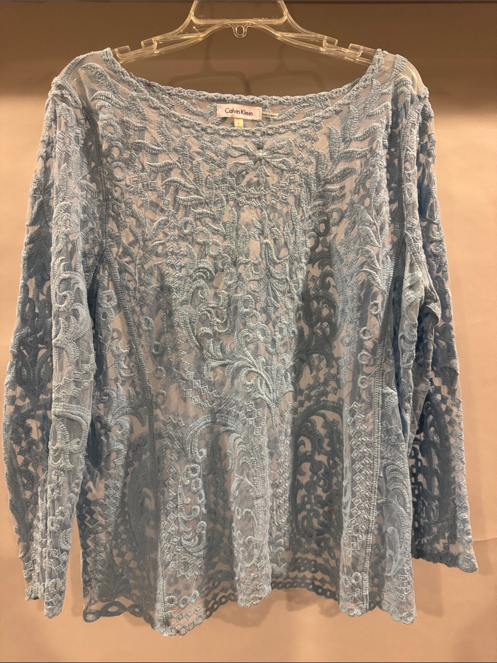 Calvin Klein Sky Blue Lace Overlay Long-Sleeve Top